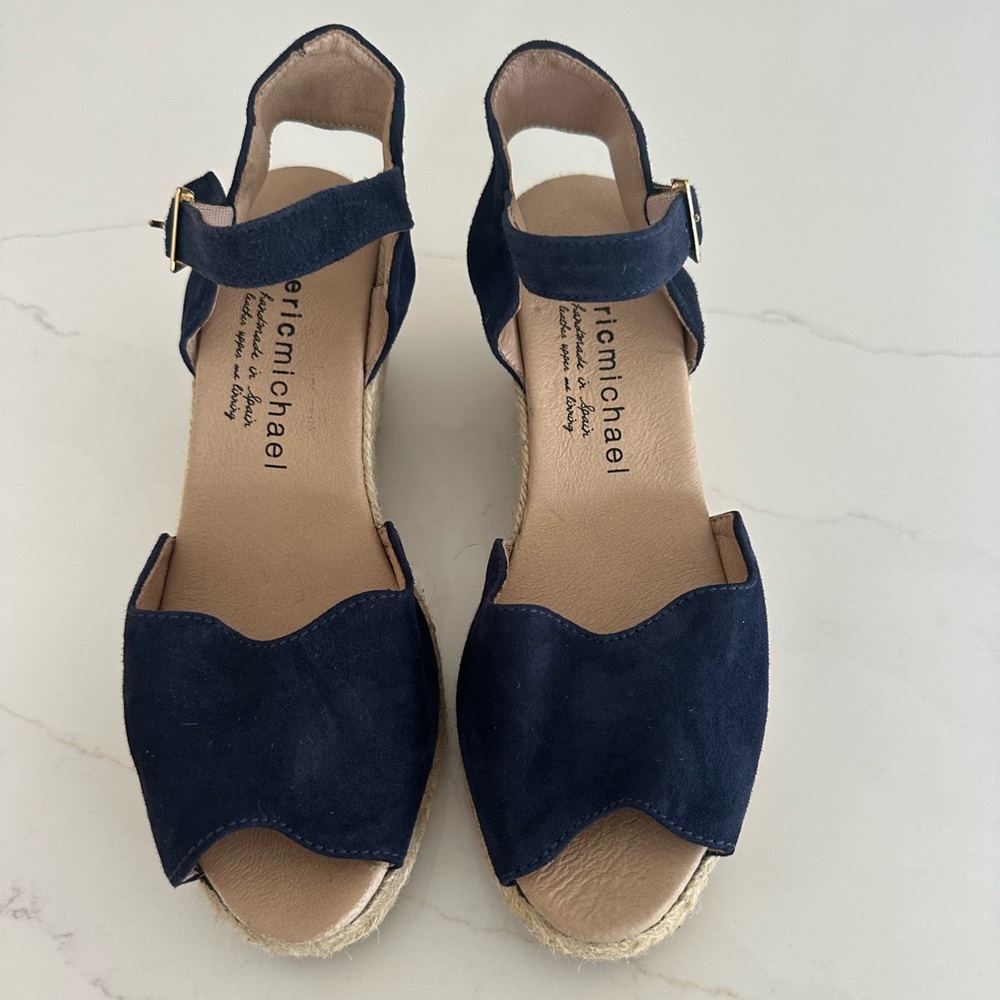 Eric Michael Navy Suede Espadrille Wedge Sandals with Ankle Strap